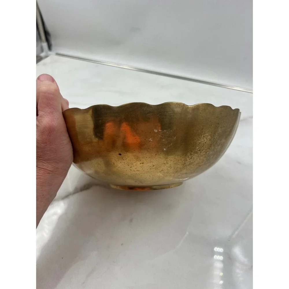 Vintage Scalloped Brass Bowl Made in Korea Hammered Gold Centerpiece 9.75 inch